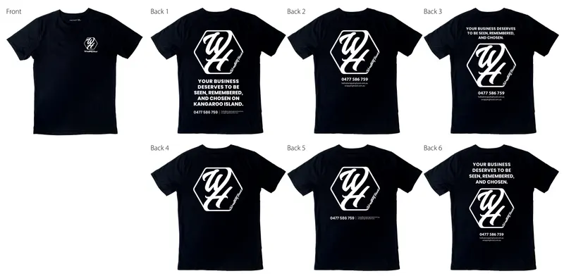 Black branded work shirts with white WH monogram print, front and back layout options, Wrapping Hood 2026 uniform range