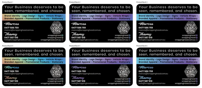 Wrapping Hood 2026 business card background colour options, design exploration board