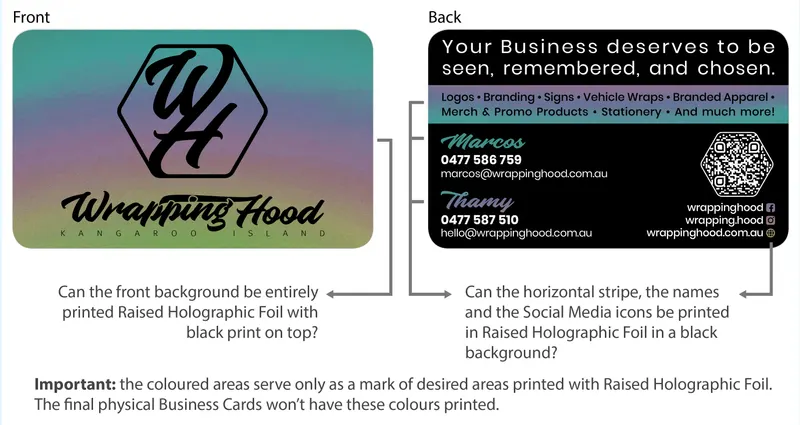 Wrapping Hood 2026 business card confirmation artwork, final front and back faces