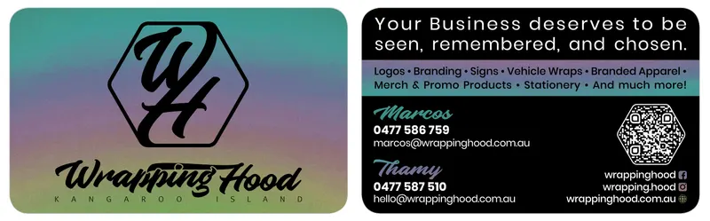Wrapping Hood 2026 business card design, front and back with monogram and Kangaroo Island map artwork