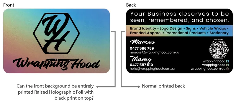 Wrapping Hood 2026 business card print proof with layout and finish details