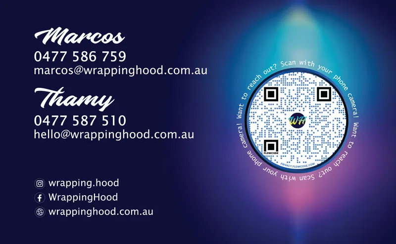 Wrapping Hood business card back face with contact details and QR code, first edition