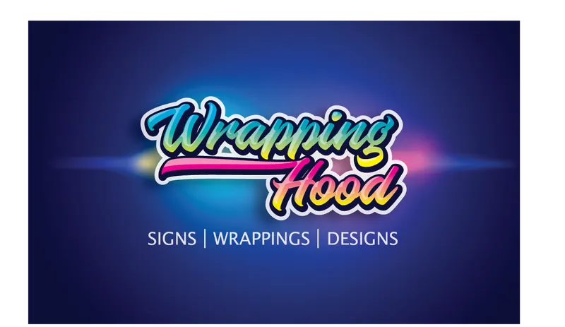 Wrapping Hood business card front face with script logo, first edition