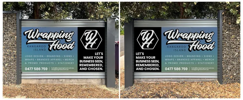 Corner fence signage with Wrapping Hood branding wrapping two panels, 13 Franklin Street workshop, Kangaroo Island