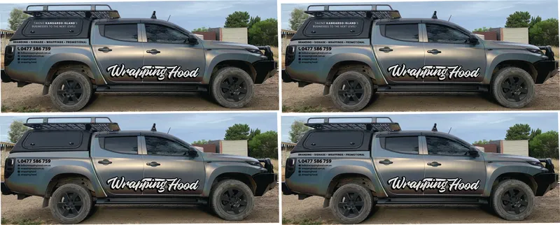 Matte colour-shift vehicle wrap with canopy contact panel and side lettering, Mitsubishi Triton, Kangaroo Island