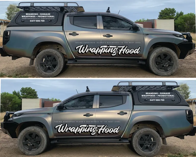Finished matte colour-shift vehicle wrap layout, whole-vehicle side angles, Mitsubishi Triton, Kangaroo Island
