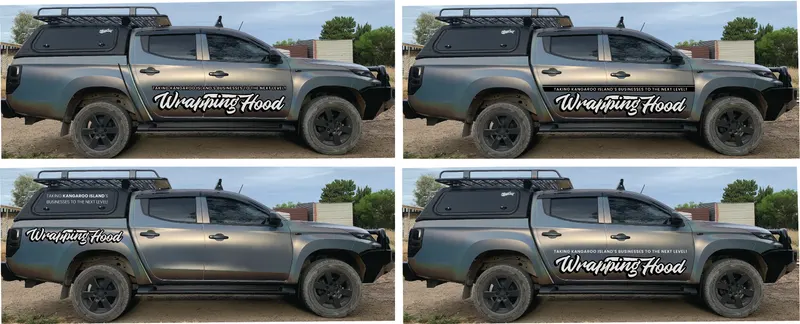 Matte colour-shift vehicle wrap, driver and passenger side angles with script lettering, Mitsubishi Triton, Kangaroo Island