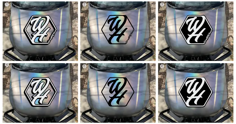Bonnet close-up of colour-shift vehicle wrap with WH monogram detail, Mitsubishi Triton, Kangaroo Island