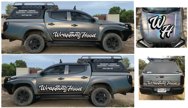 Matte colour-shift vehicle wrap final proof with side, bonnet monogram and rear views, Mitsubishi Triton, Kangaroo Island