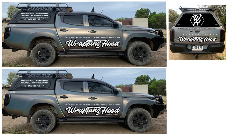 Matte colour-shift vehicle wrap with white script lettering across both sides, Mitsubishi Triton, Kangaroo Island