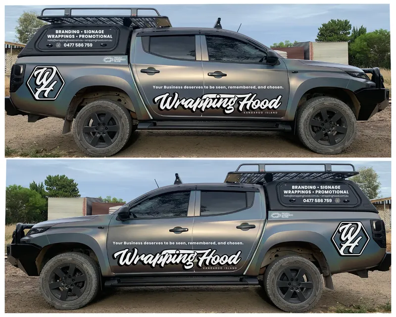 Matte black vehicle wrap with colour-shift accents, full side profile, Mitsubishi Triton, Kangaroo Island