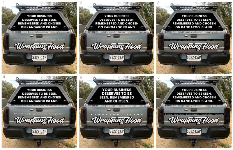 Rear canopy and tailgate detail of matte vehicle wrap with reflective window logo, Mitsubishi Triton, Kangaroo Island